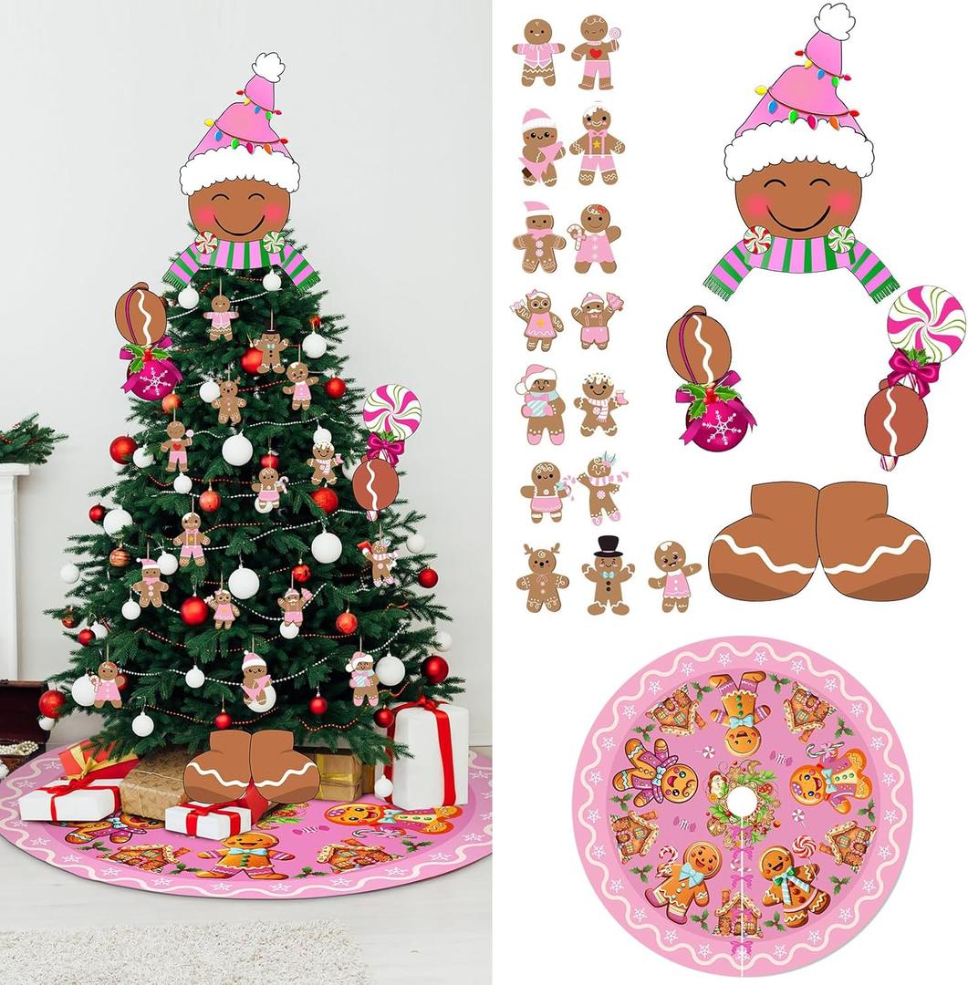 Hungdao 32 Pcs Gingerbread Man Christmas Decoration Gingerbread Man Christmas Tree Topper Head Arm and Leg Xmas Tree Skirt Wooden Ornament for Xmas Holiday Indoor Party Supplies (Pastel Pink)