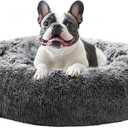 JOLLYVOGUE Calming Dog Bed Medium Size Dog, 31in Donut Washable Medium Pet Bed, Anti-Slip & Anti-Anxiety Fluffy Faux Fur Round Dogs Bed, Fits up to 45 lbs Pets (Smoke Black) 