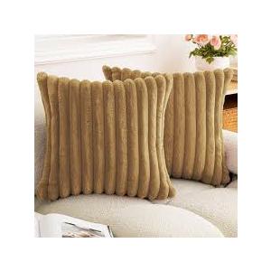 Double-Sided Faux Fur Plush Throw Pillow Covers 18x18 Set of 2 Fuzzy Striped Soft Cozy Pillowcase Luxury Decorative Pillows Square Fluffy Cushion Cover for Couch Bed Living Room,Camel