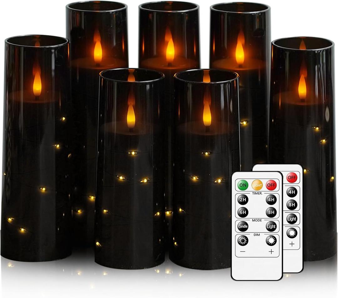 Flameless Candles,with Embedded Star String, Battery Operated Candles Flickering LED Pillar Candles with Remote Control and Timer, Home Decoration Add a Warm and Romantic AtmosphereSet of 7 (Black)