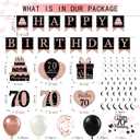 Rose Gold 70th Birthday Decorations for Women - Backdrop, Sparkle Crown Sash, Happy 70th Birthday Banner, Cake Topper, 70 Number Balloons, Hanging Swirl Decorations - 70pcs