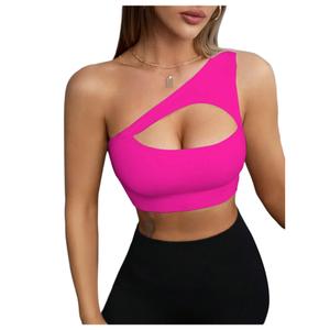 SHENHE Women's One Shoulder Cut Out Sports Bra Workout Gym Yoga Crop Tops Hot Pink, Medium