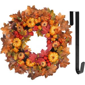 24 Inch Thanksgiving Fall Wreath, Autumn Wreaths for Front Door Halloween Wreath with Pumpkin Red Lantern Fruit Maple Leaves for Home Outside Indoor Wall Window Festival Fall Decorations