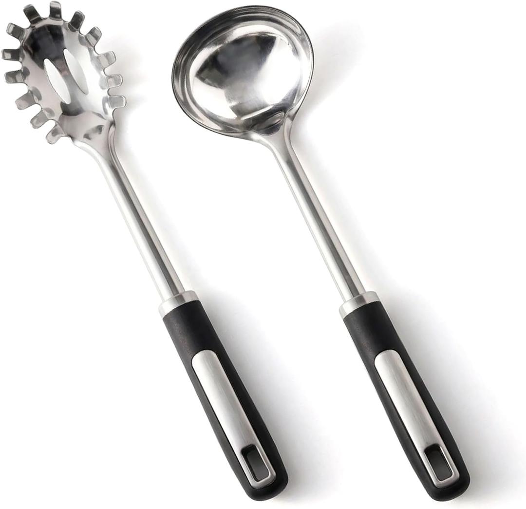 Stainless Steel Ladle and Pasta Server Set, Food-Grade Thickened Metal Soup Ladle & Spaghetti Spoon with Non-Slip Handles, Durable Cooking Utensils for Pasta, Soup & Everyday Kitchen Use