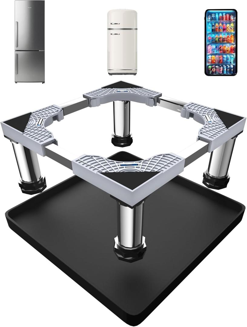 Mini Fridge Stand with Silicone Mat, Adjustable Refrigerator Stand with 4 Stainless steel Feet, 24''x 24'' Dorm Fridge Stand Protect From Appliance Leaks for Fridge, Washer, Dryer (7.3"-8.5" High)