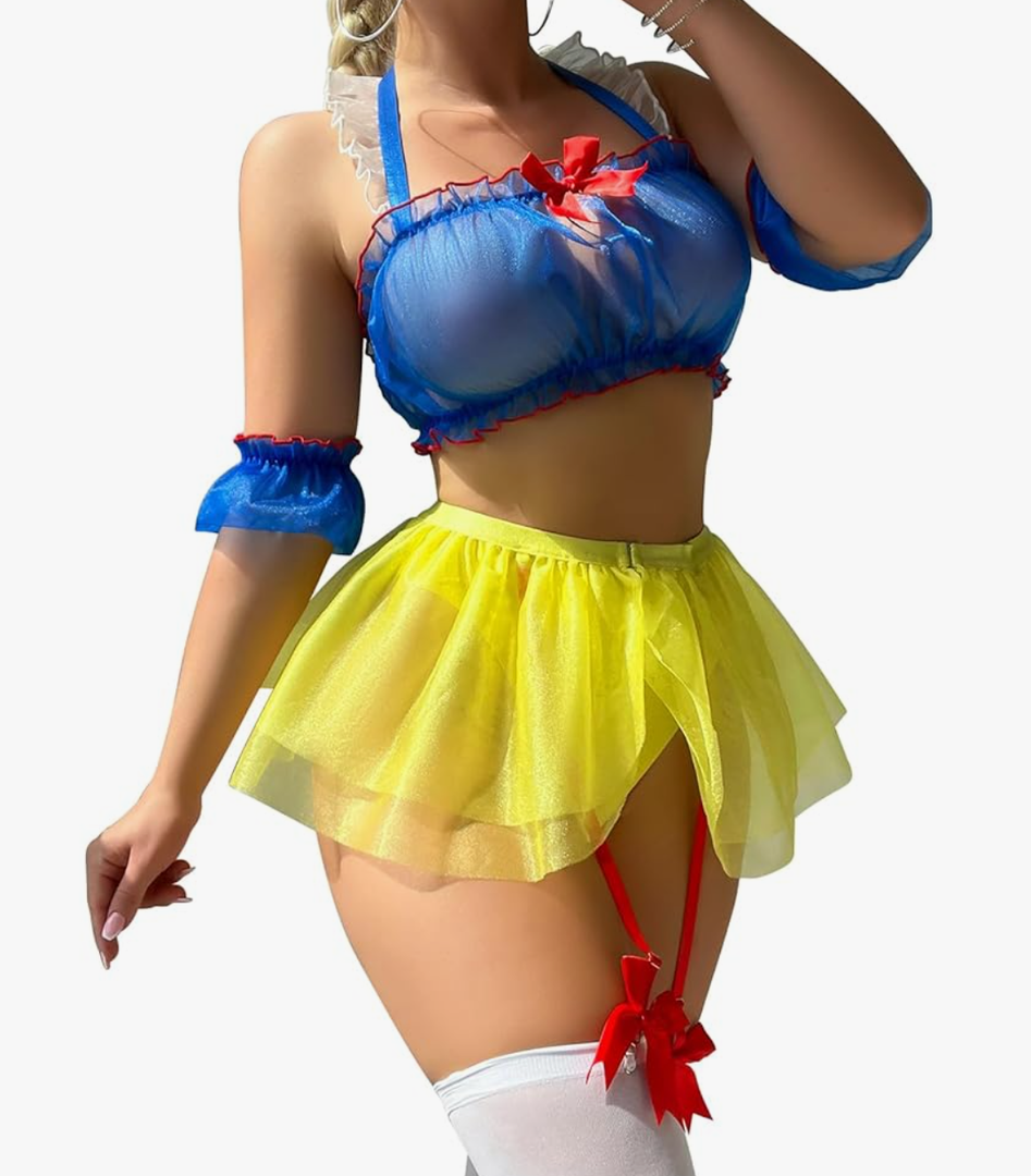 Cosplay Lingerie for Women 7 Piece Sexy Roleplay Costumes Halter Crop Top Mini Skirt Set with Stockings XXL