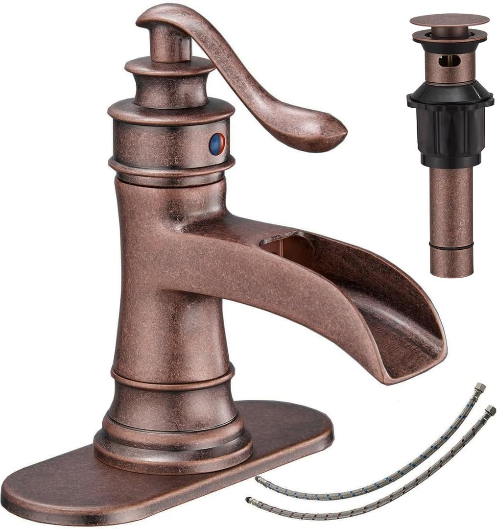 Bathroom Sink Faucet Waterfall Bath Faucets & Parts with Pop Up Drain Stopper Copper Farmhouse Antique Vanity Single Handle Single Hole Commercial Rustic Supply Lines Hose by Bathfinesse