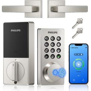 Philips WiFi Keypad Door Lock with Handle, Built-in WiFi, APP Remote Control, Voice & Fingerprint Unlock, Smart Locks for Front Door with Auto Lock, Keyless Entry Deadbolt, Satin Nickel