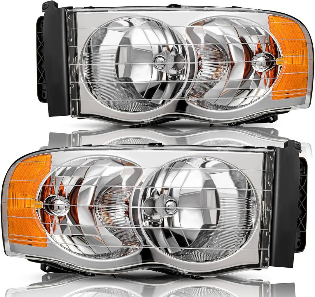 BRYGHT Headlight Assembly Fit for 2002-2005 Dodge Ram 1500 Pickup and 2003-2005 Dodge Ram 2500/3500 Pickup Passenger and Driver Side Halogen Replacement OE Headlamp Chrome Housing & Amber Reflector