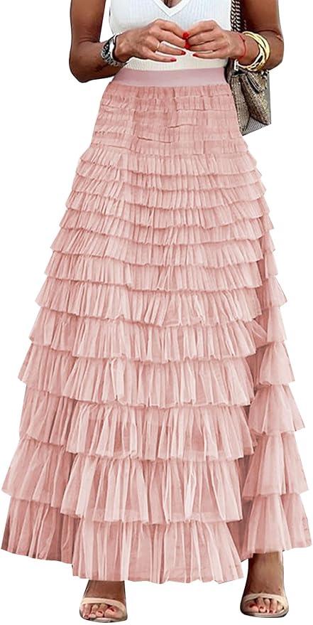 Flygo Women's Long Maxi Tulle Skirts A Line Ruffle High Waisted Tiered Layered Mesh Tutu Skirt Petticoat XL
