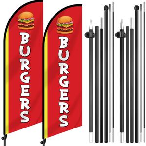 2 Set 7ft Burgers Restaurant Feather Flag Banner Advertising Swooper Flag with Pole Kit and Ground Stake for Burger Restaurant Business Outdoor Decor Events Promotion