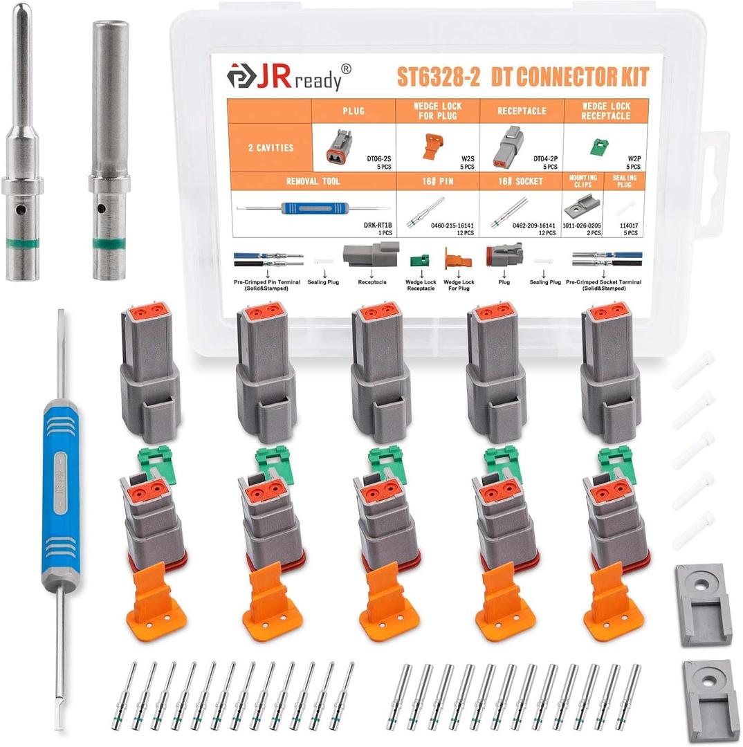 JRready Deutsch Connector 2 Pin Connector Kits with Size 16 Solid Contacts(14-20AWG), ST6328-2 DT Series Waterproof Connector 2 Pin 5 Sets and Deutsch Pin Removal Tool DRK-RT1B with Mounting Clips