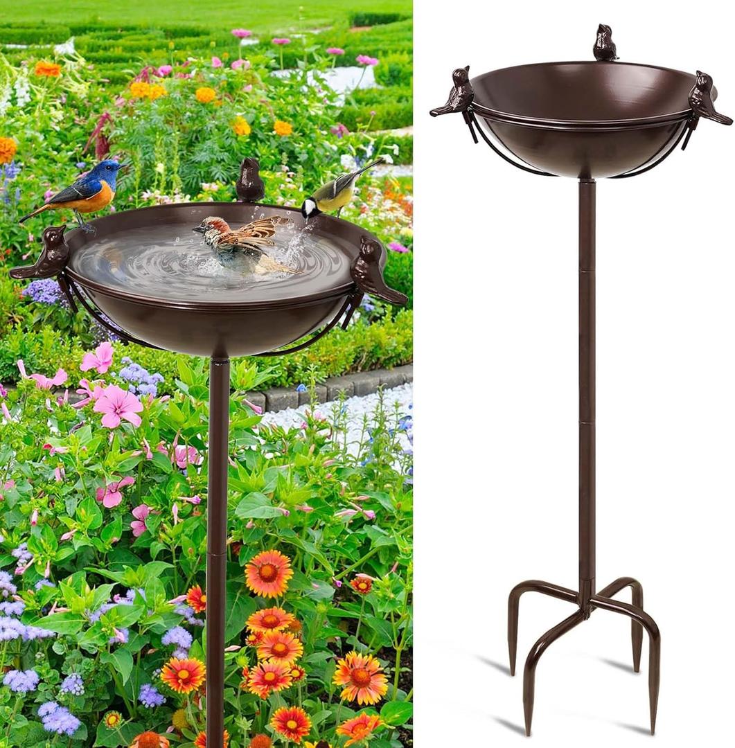 Freestanding Birdbaths Bowl Outdoor, Standing Garden Bird Bath Feeder Bowl with 3 Bird Statues, Birdbath & Birdfeeder with Metal Stake Garden Yard Lawn Decor (Brown)