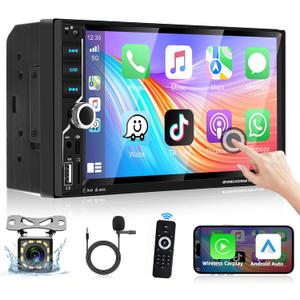 Podofo Double Din Car Stereo Apple CarPlay & Android Auto Bluetooth 7" HD Touch Screen Handsfree FM Audio Receiver with Mirror Link Voice Control Backup Camera/Steering Wheel Control/USB/TF/AUX/MIC