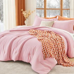 MUXHOMO Pink Queen Comforter Set, All Season Ultra Soft Down Alternative Bedding - 3 Piece Lightweight Bed Set Includes 1 Comforter (90"x90") and 2 Pillow Shams (20"x26"),02 - Pink, Queen(90"x 90")