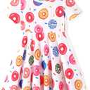 PATPAT Girls Short Sleeve Dresses Skater Twirly Stretch A-line Toddler Casual Swing Dress (8-9 Years, Donuts White)