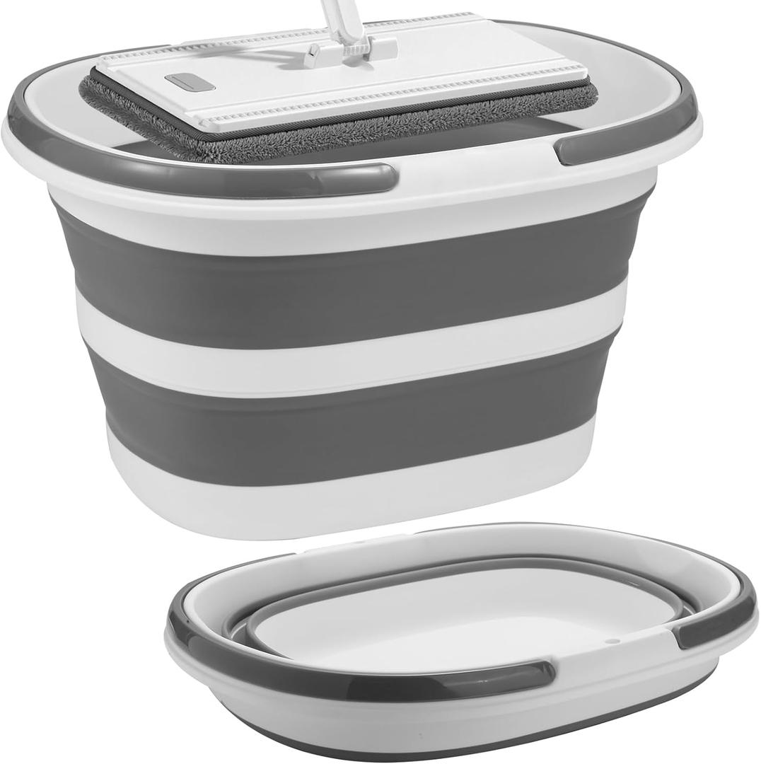 Collapsible Mop Bucket with Handle for Cleaning or Organzier, 7.39 Gallons(28L)Mopping Bucket for Floor Mop or Flat Mop, Mult-Purpose Cleaning Supplies Baskets for Laundry Storage Camping Car Washing (Gray+white)