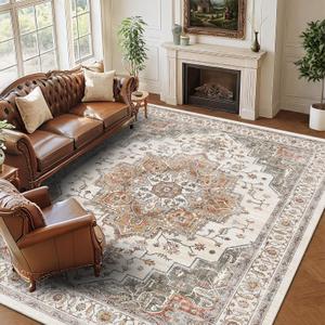 8x10 Area Rugs for Living Room Ultra-Soft Washable Rug Vintage Distressed Boho Area Rug, Non-Slip Low Pile Stain Resistant Carpet for Bedroom Dining Room Kitchen Office (Orange/Gray)