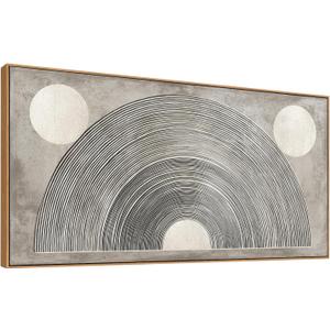  Framed Canvas Wall Art Abstract Geometric Circles and Lines Gray and Cream Modern Minimalist Neutral Wall Decor Canvas Print 24 x 48 Inch