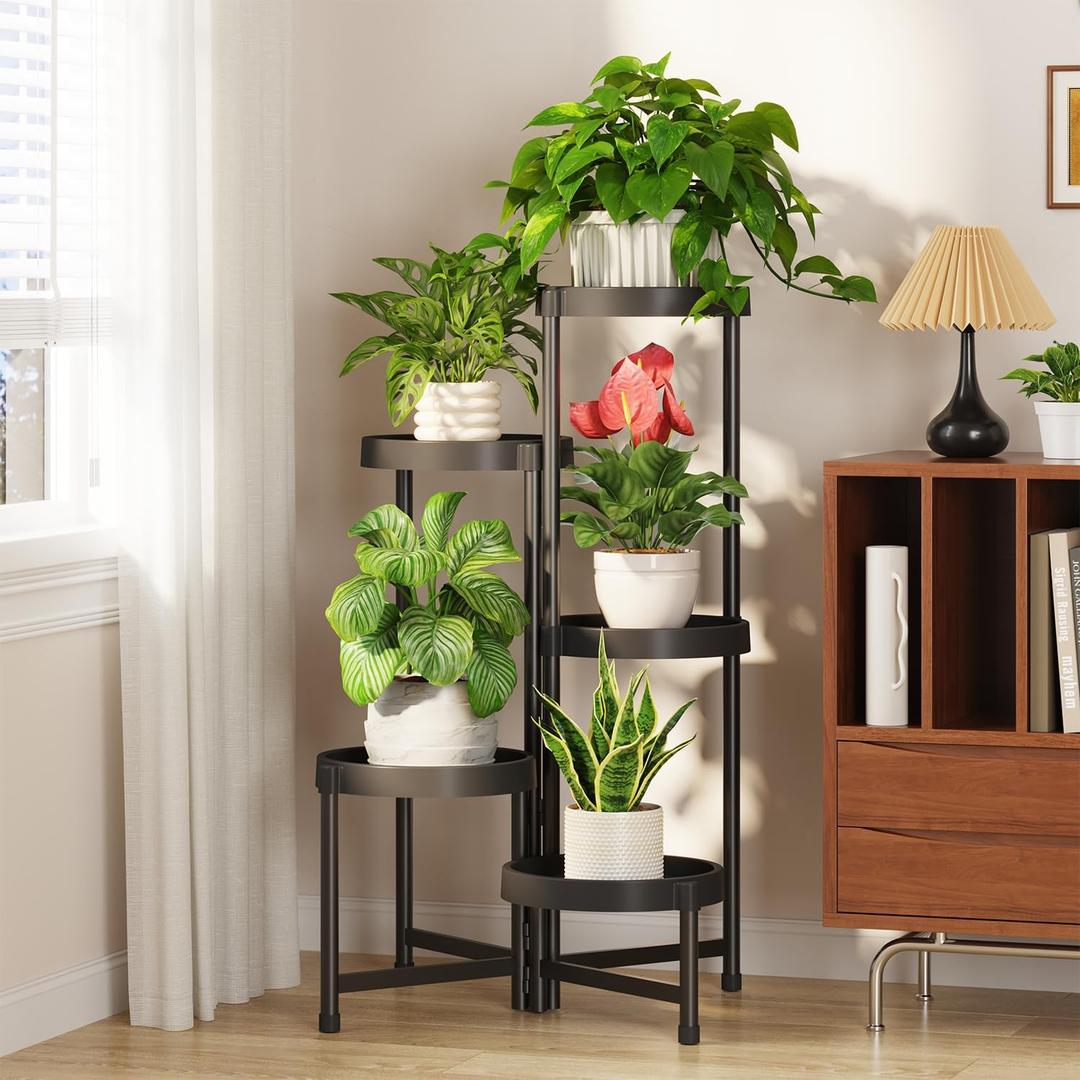 LASZOLA 5 Tiered Plant Stand Indoor Outdoor with Plastic Tray, Corner Folding Tall Flower Display Rack, Modern Plant Holder Shelf for Outdoor Patio Porch Garden Office Living Room, Black