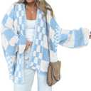BTFBM Casual Cardigan Sweater for Women Fall 2026 Long Sleeve Open Front Chunky Knit Sweaters Checkered Outwear Coat (X-Large, Blue)