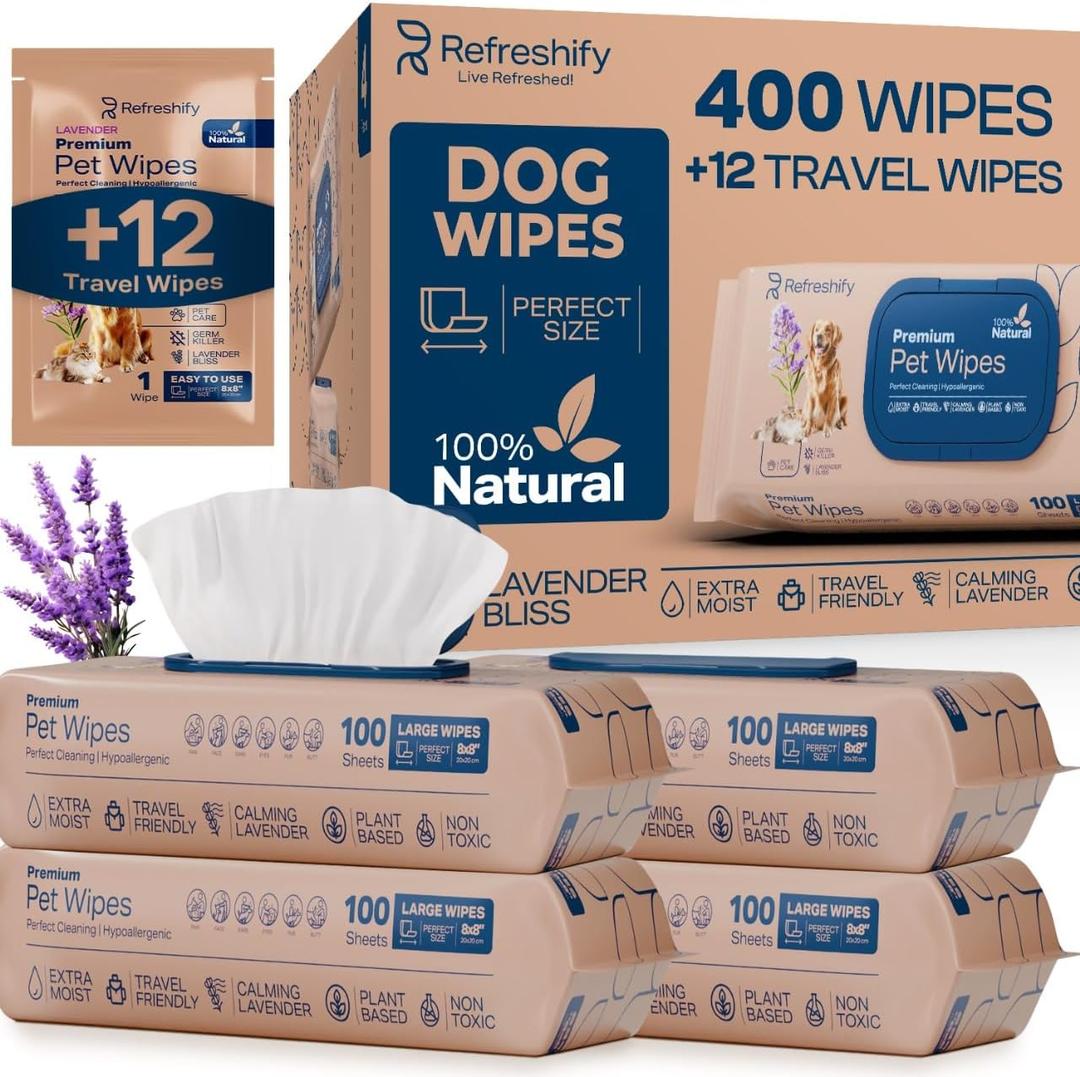REFRESHIFY Dog Wipes for Paws and Butt - Plant Based Lavender Scented (Pack of 400) - Pet Wipes for Dogs and Cats - Deodorizing Non Toxic Dog Wipes, +12 Additional Travel Wipes, Missing 1 Pack of 100