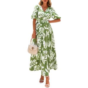 PRETTYGARDEN Women's Summer Maxi Dress 2026 Resort Wear Boho Floral V Neck Puff Short Sleeve Ruffle Flowy Beach Long Dresses (Leaves Light Green), Size M