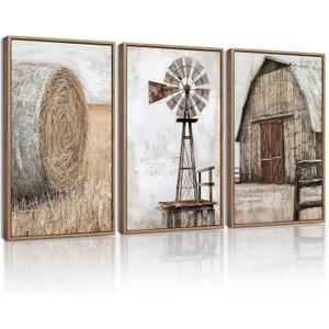 Drsoum Farmhouse Wall Art Vintage Rustic Windmill Barn Cornfield Pictures Framed Painting Landscape Countryside Rural Canvas Artwork Home Decor Ready to Hang 16x24in - Natural Framed