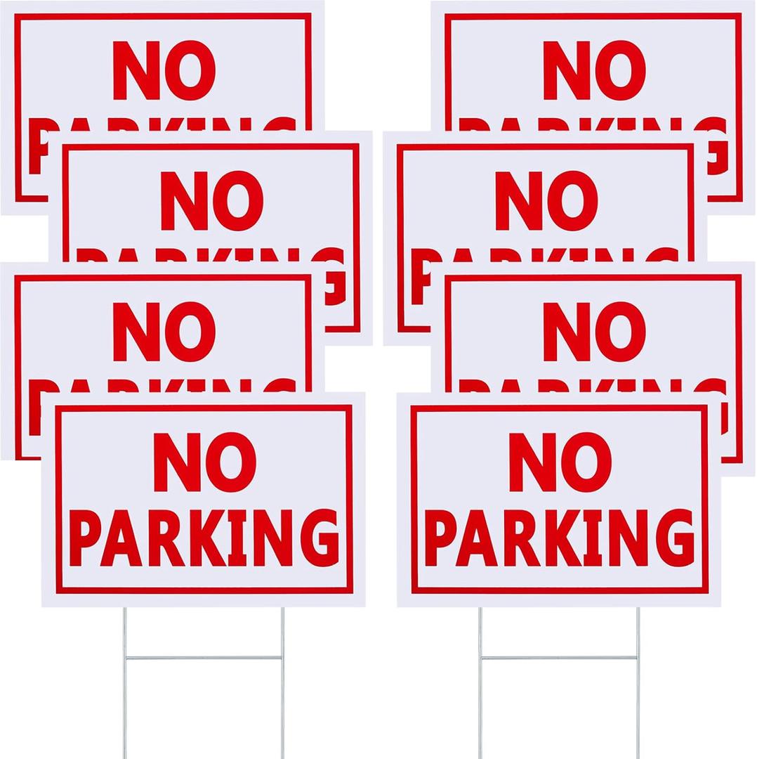 Juexica 8 Pcs No Parking Signs with Stakes 8 x 12 Inch Plastic Waterproof Outdoor Double Sided No Parking Yard Signs with Metal H Stands for Driveways Yard Lawn(Red Letters on White Background)