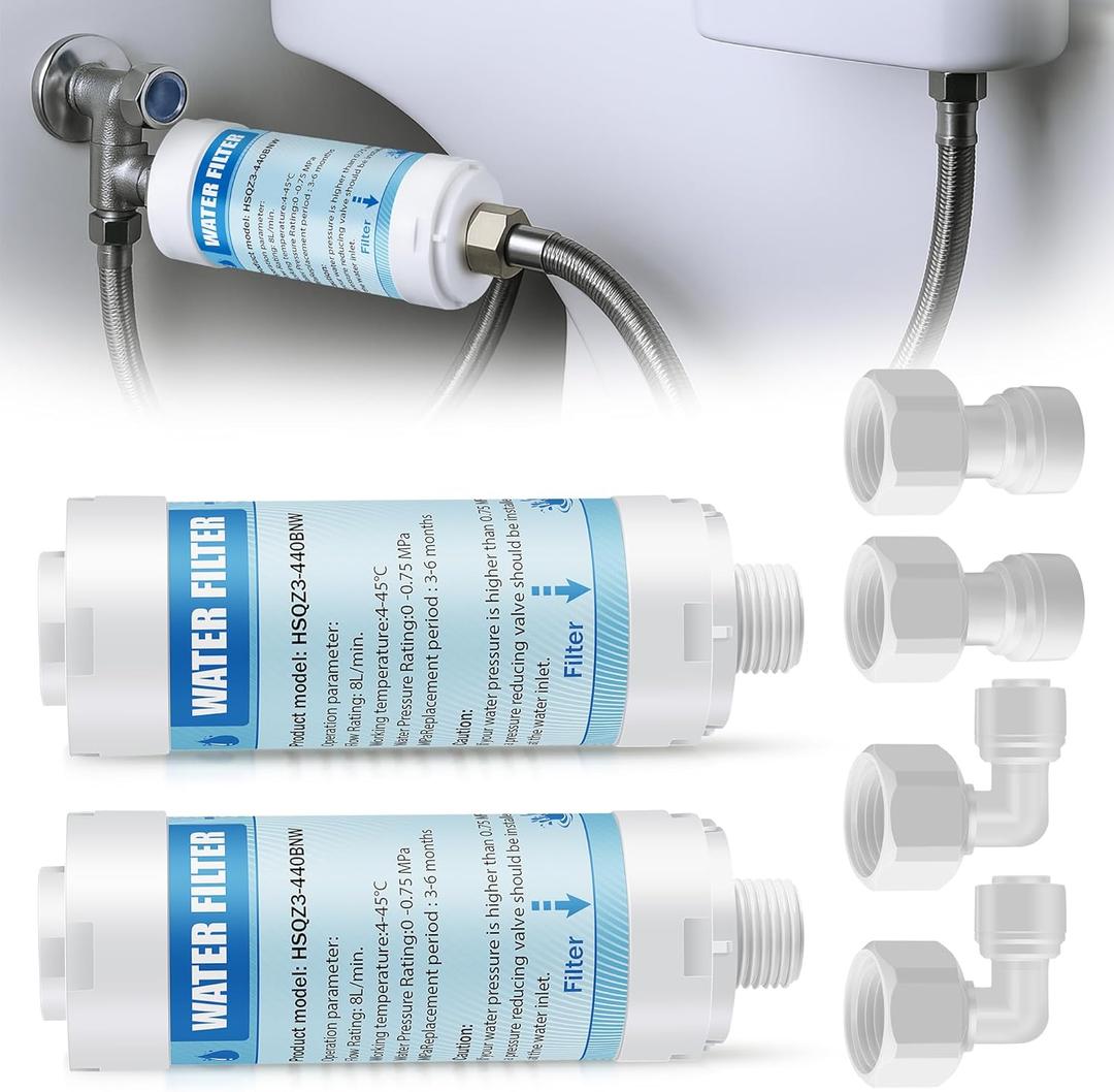 2 Pack Bidet Water Filter and Adapter for Electric Bidet Toilet Seats, Reduce Mineral Deposits & Soften Hard Water, Essential Protection for Smart Toilet, Compatible with 1/2", 3/8", 1/4" Hoses