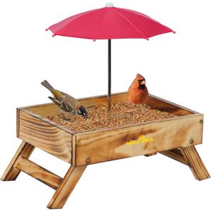 Ground Bird Feeder for Outdoors Bird&Squirrel Feeder Wooden Chicken Picnic Table Platform Feeder Wild Bird Feed Crow Feeder for Outside with 5 LBS Capacity (Brown)