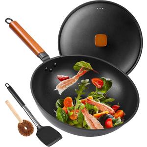 Carbon Steel Wok Pan - 13" Woks & Stir-Fry Pans Nonstick with Spatula: Flat Bottom Wok for Electric, Induction and Gas Stoves