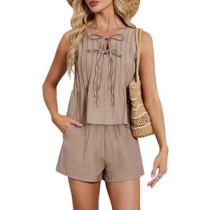 Blooming Jelly Womens Two Piece Sets Pleated Vacation Outfits Resort Wear Beach Linen Set Cruise Summer Matching Set 2025 (Small, Khaki)