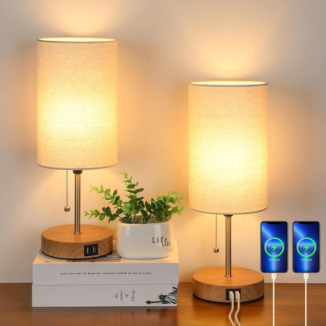 Set of 2 Table Lamps with 2 USB Ports, Modern Bedside, Desk Lamps with Pull Chain, Nightstand Lamps with Cream Fabric Shade and Oak Metal Base for Living Room Bedroom Office Reading Dorm Hotel (Beige)