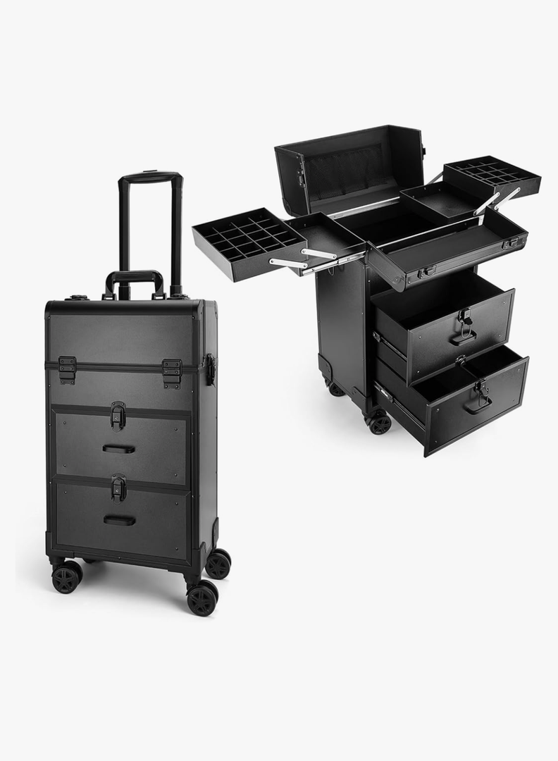 Yokilly Rolling Makeup Train Case, Professional Cosmetology Case on Wheels, Aluminum Cosmetic Trolley Travelling Cart Trunk with Swivel Wheels, Sliding Drawer & Keys for Nail Technician Stylist(Black)