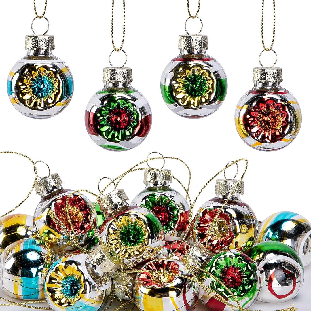 16 Pcs Christmas Reflector Ball Ornament, Christmas Mini Reflector Glass Decor, Vintage Xmas Glass Reflective Balls for Vintage Party Hanging Tree Flower Arrangement Decor Multicolored
