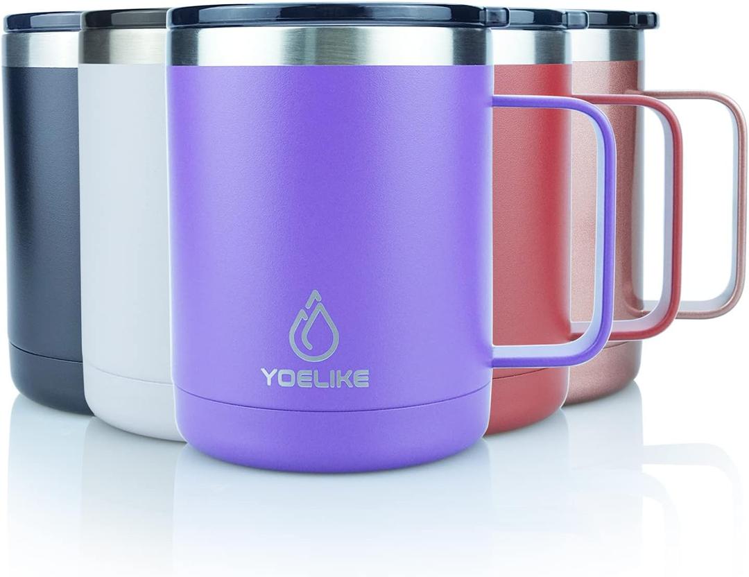 yoelike 14oz Travel Mug with Handle and Lid, Stainless Steel, Dishwasher Safe, Powder Coated, Vacuum Insulated Coffee Mug, Camping Mug, Keep Hot/Cold Longer Coffee Tumbler Cup Purple (15 Ounces)