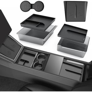 Center Console Organizer for Tesla Model Y Juniper Accessories 2025 2026 & Tesla Model 3 Highland Accessories [Durable PC + Silent Silicone Liner] Armrest Storage Tray Wireless Charging Pad Cup Holder
