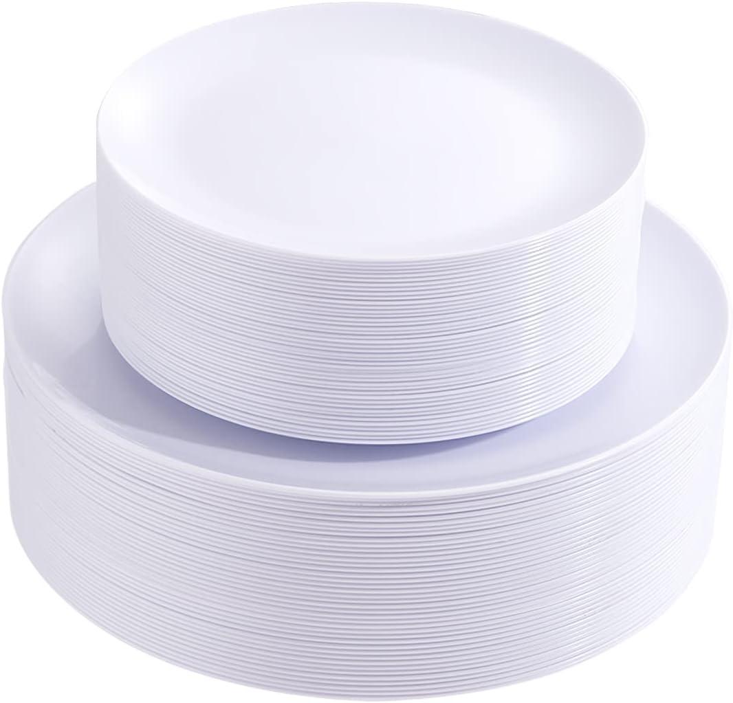 PULOTE 100PCS White Plastic Plates Disposable - Heavyweight 50 White Dinner & 50 Dessert/Salad Plates for Wedding & Party