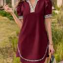 Wenrine Womens Puff Short Sleeve Mini Dress Casual V Neck Color Block Leopard Loose Beach Summer Dresses with Pockets (L)