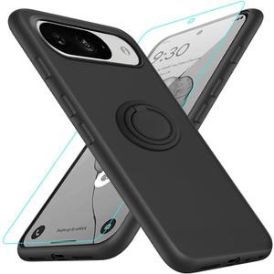 Case for Google Pixel 10/10 Pro Phone Case with Glass Screen Protector, 360 Rotatable Ring Holder Kickstand/Stand Silicone Slim Fit Protective Cover Case for Google Pixel 10 10 Pro 5G 2025 - Black