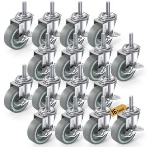 HOLKIE Caster Wheels 3 inch Locking Casters Set of 16, Threaded Stem 3/8" -16 x 1-1/2" (Diameter 3/8", Length 1-1/2") Swivel Heavy Duty Castors Gray