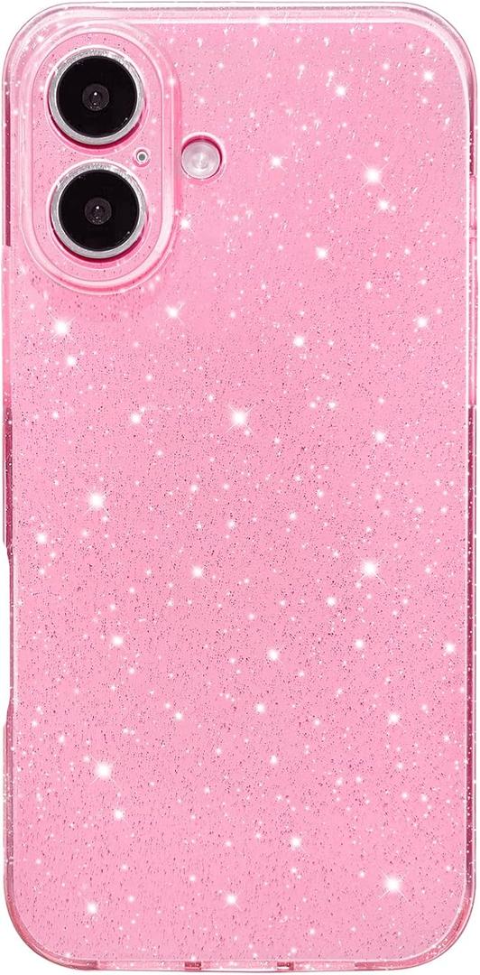 Hython Case for iPhone 16 Plus Case Glitter Cute Sparkly Shiny Bling Sparkle Phone Cases 6.7", Thin Slim Fit Soft TPU Bumper Shockproof Rubber Protective Cover for Women Girls Girly, Bright Pink