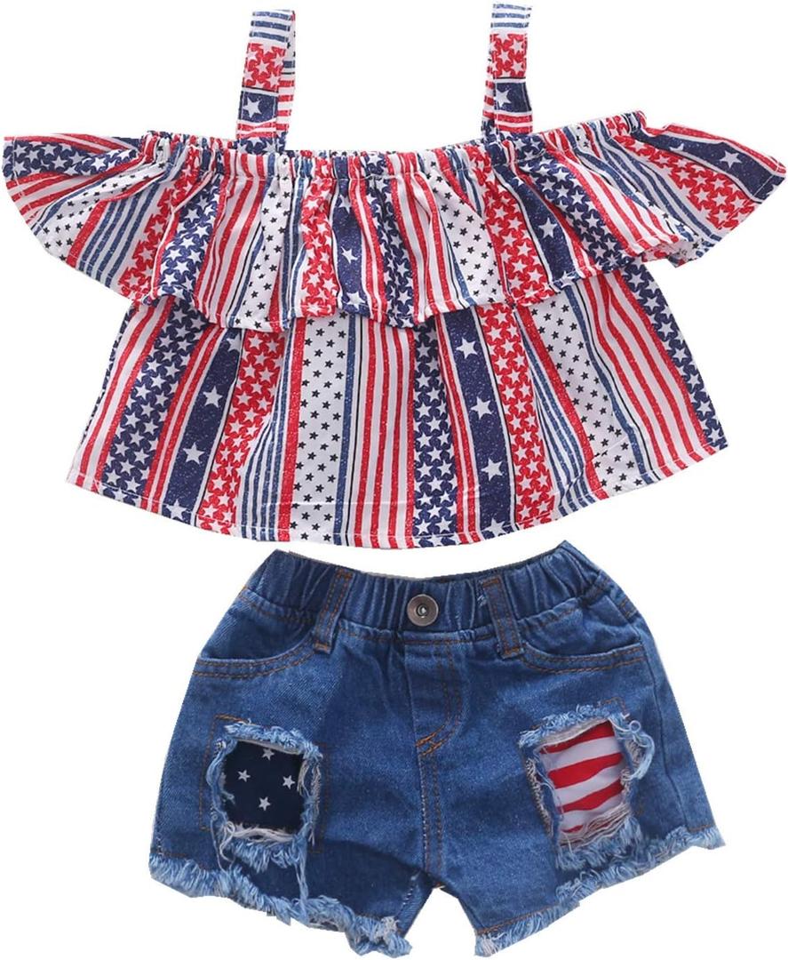 Noubeau 4th of July Toddler Girl Outfit American flag Halter Top Girls Ripped Jeans Denim Shorts Baby Girl Summer Clothes