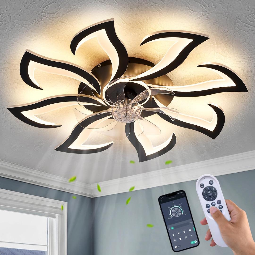 Black Flower Modern Ceiling Fans with Lights, Low Profile Ceiling Fan with Remote for Bedroom, 32inch Flush Mount Ceiling Fan with LED Dimmable Light,6-Speeds, Timing CeilingFan Light-8L