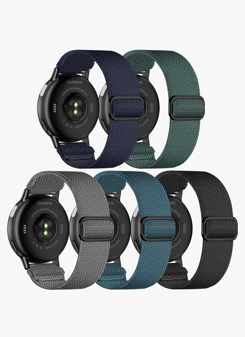 5 Pack Stretchy Nylon Watch Bands Compatible with Garmin Vivoactive 5/6/Forerunner 55/165,20mm Soft Elastic Fabric Adjustable Replacement Sport Straps for Garmin Venu Sq 2 Women Men