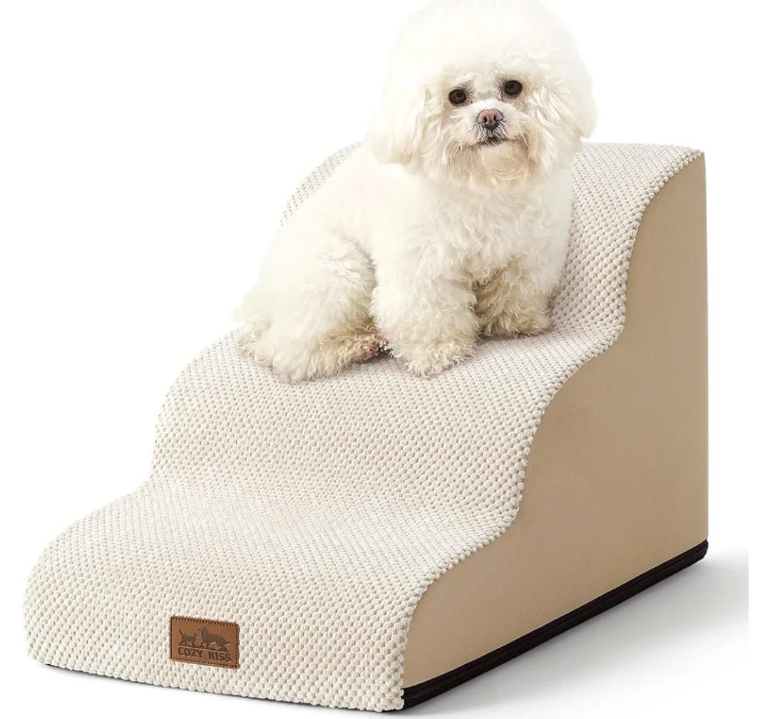 Dog Stairs for Small Dogs 15.7" H, Curved Dog Step for Puppy, Older Cat, Medium Pet Ramp for Sofa, Couch or Chair, Ladder with High Density Foam, 3 Step, 15.7x22.4x15.7 inch, Beige