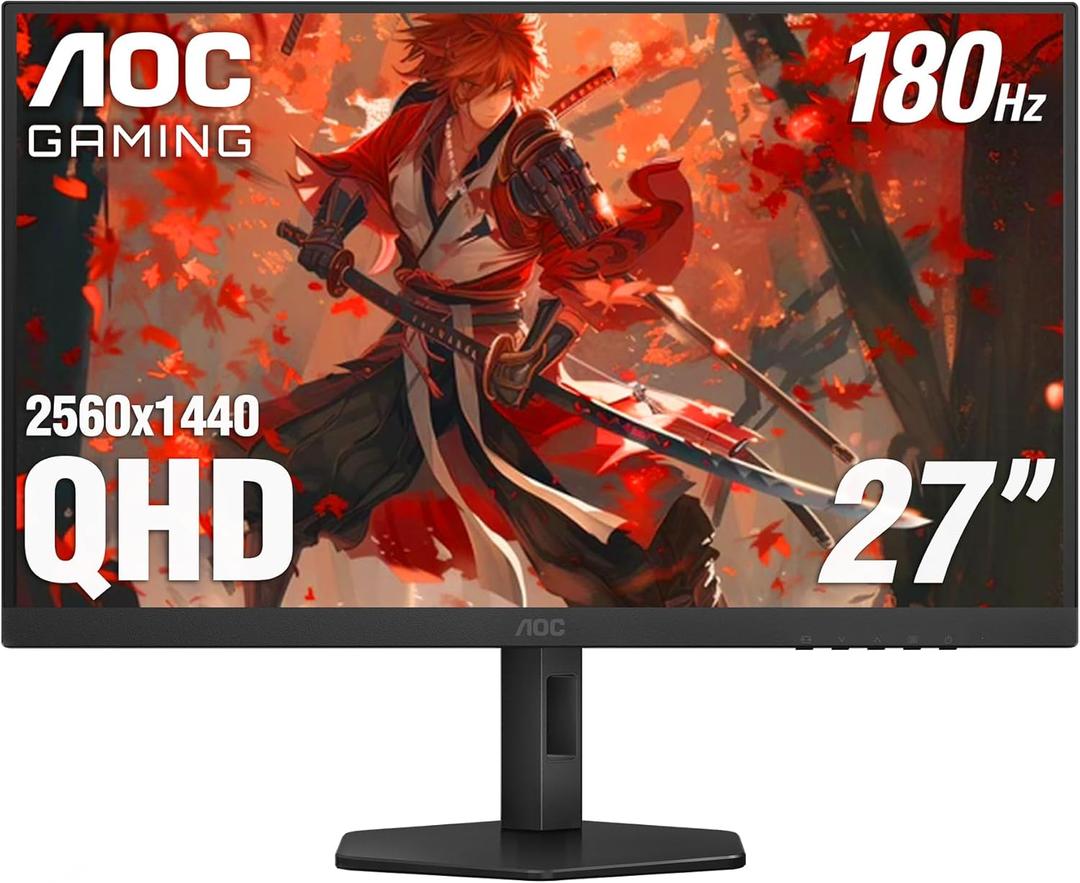 AOC Q27G4XN 27" Gaming Monitor, 2K QHD 2560x1440, 180Hz 1ms, Adaptive-Sync, Height Adjustable, 2X HDMI 2.0, 1x Display Port, Xbox/PS5/Switch Ready, 3-Year Zero-Bright-dot