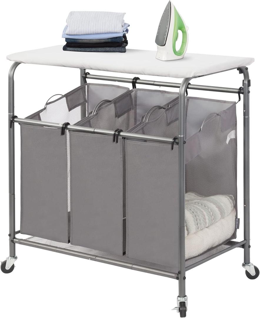 STORAGE MANIAC 3-Section Laundry Sorter with Foldable Ironing Board, Heavy-Duty Rolling Laundry Cart with and Removable Bags, Triple Laundry Hamper with Wheels, Dark Grey