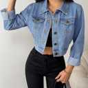 Women's Button Down Long Sleeve Cropped Denim Jean Jacket with Pockets (Blue, XXL)